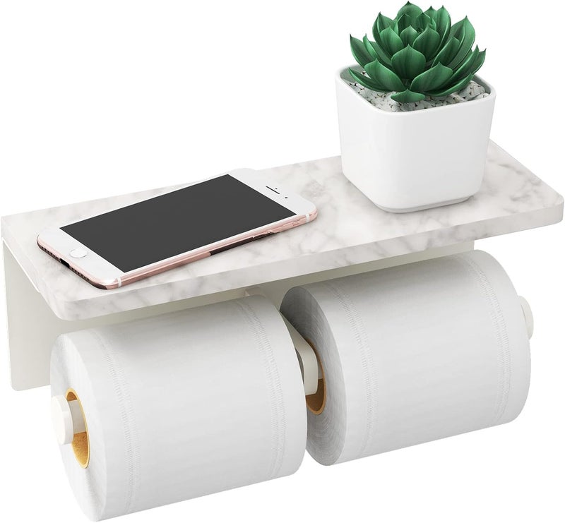 Gypie White Toilet Paper Holder with Shelf, New Upgrade Double Toilet Paper Holder with Storage, Marble Roll Toilet Paper Wall Mount for Bathroom Washroom - Image 1
